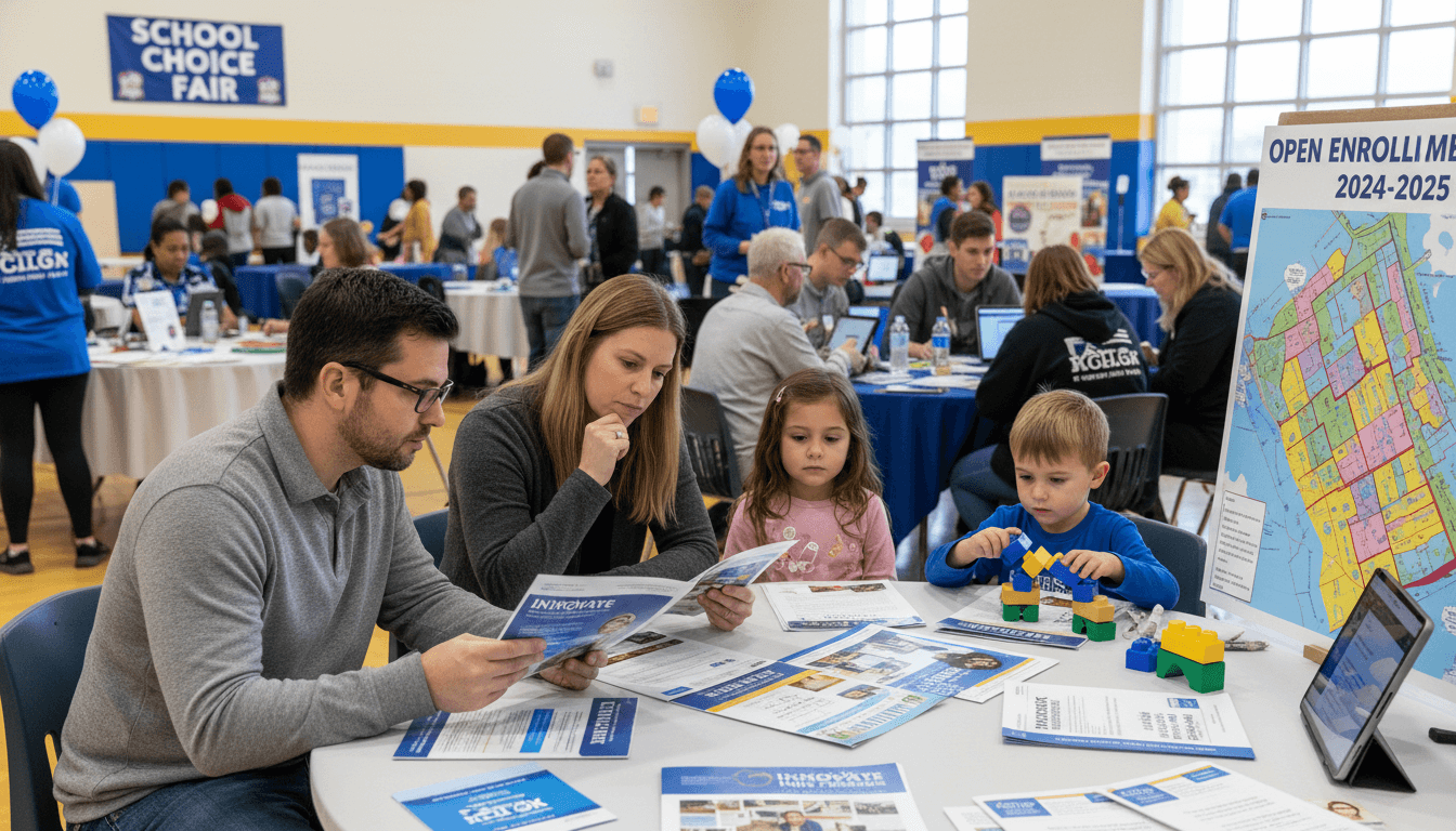 School district enrollment office staff assisting families with school choice applications at a community information fair