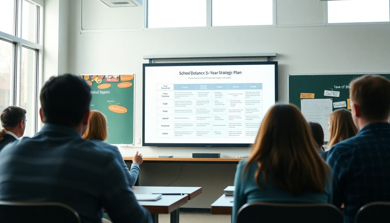 School board presenting five-year strategic plan on screen to community members
