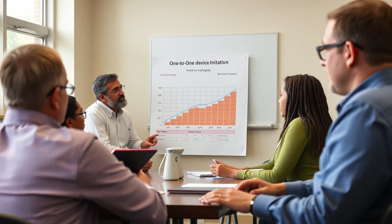 School board reviewing one-to-one device initiative progress chart at board meeting