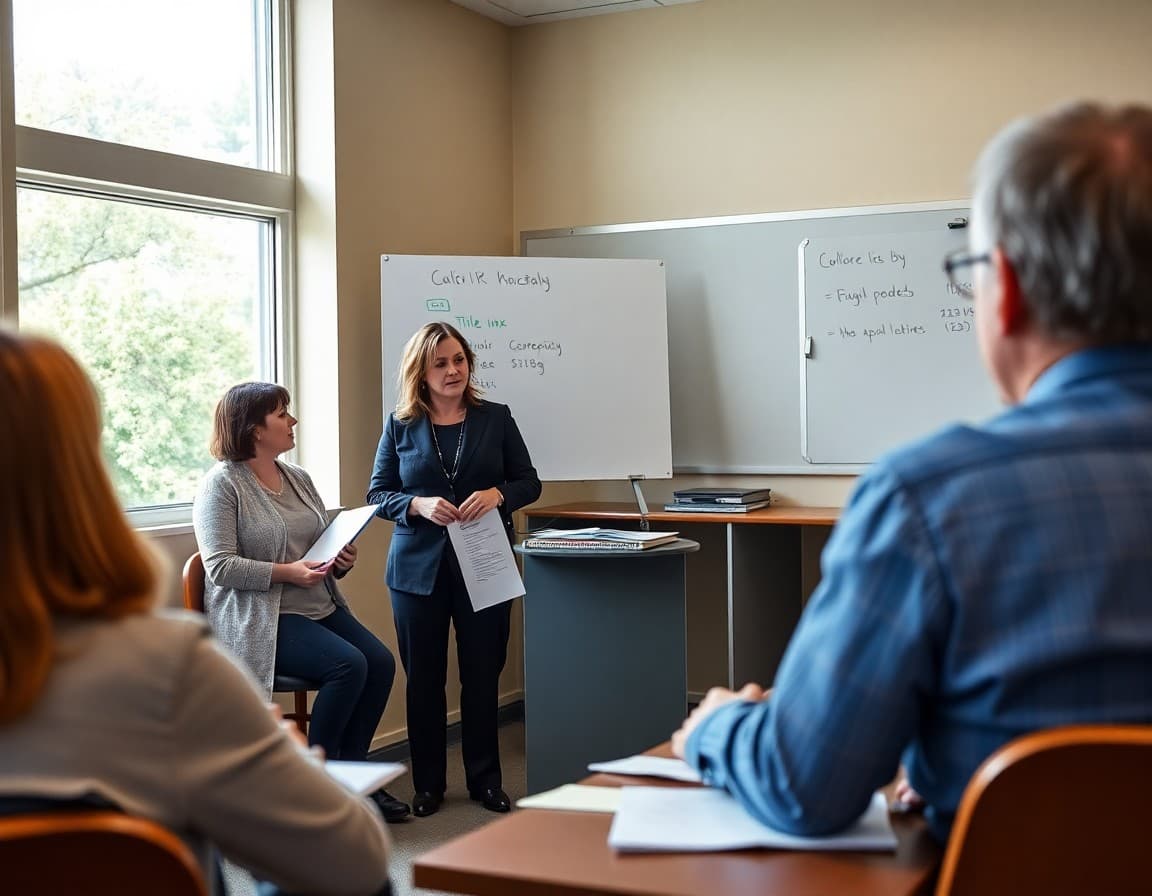 Title IX coordinator presenting compliance training results to school board members