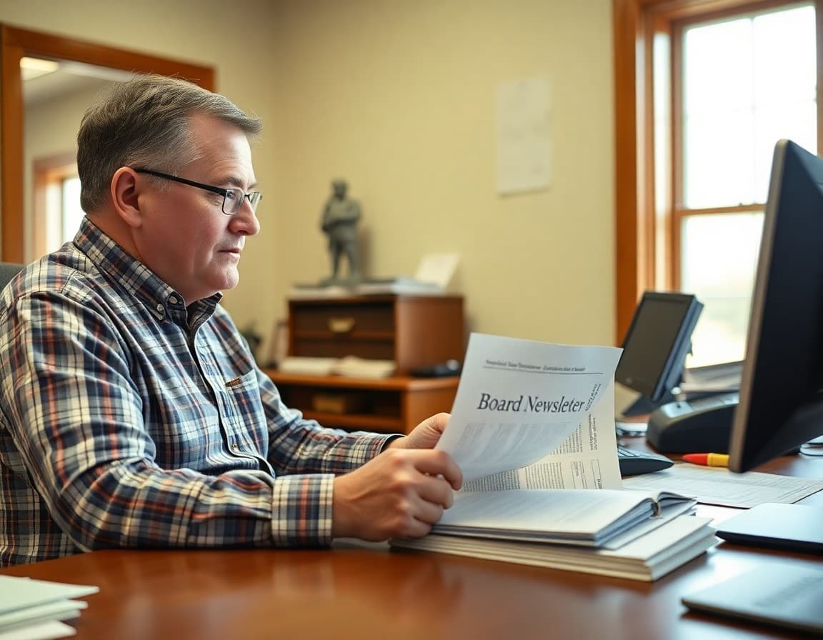 South Dakota district administrator reviewing board newsletter content at a rural district office desk