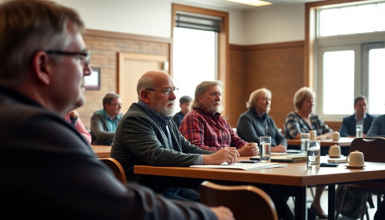 South Dakota school board members at a public community meeting in a rural school building