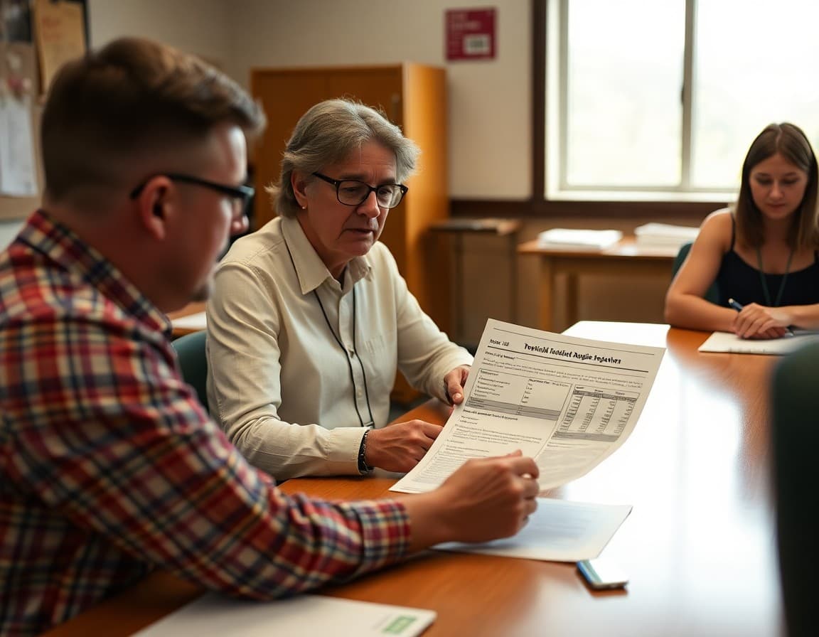 Tennessee district administrator reviewing board newsletter content with TNReady assessment data at a conference table