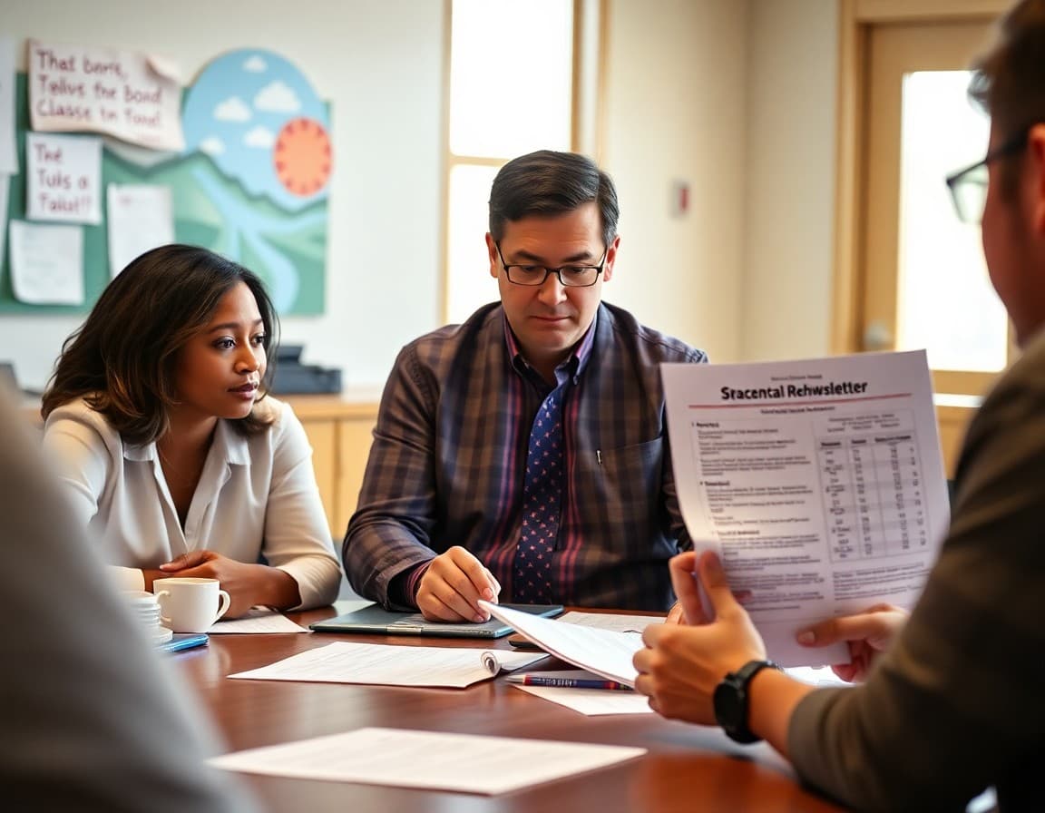 Texas district administrator reviewing board newsletter content with TEA accountability data at a conference table