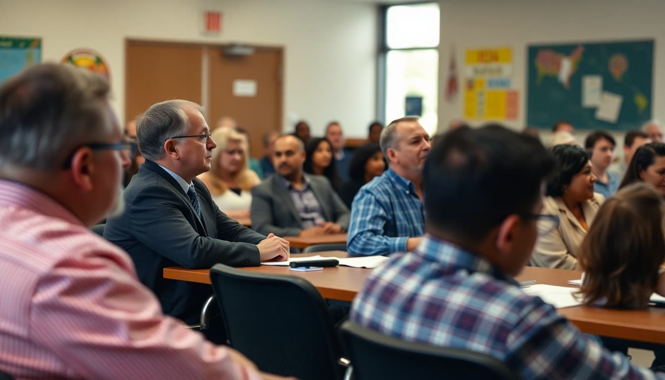 Texas school board members at a public governance meeting with a large community audience present