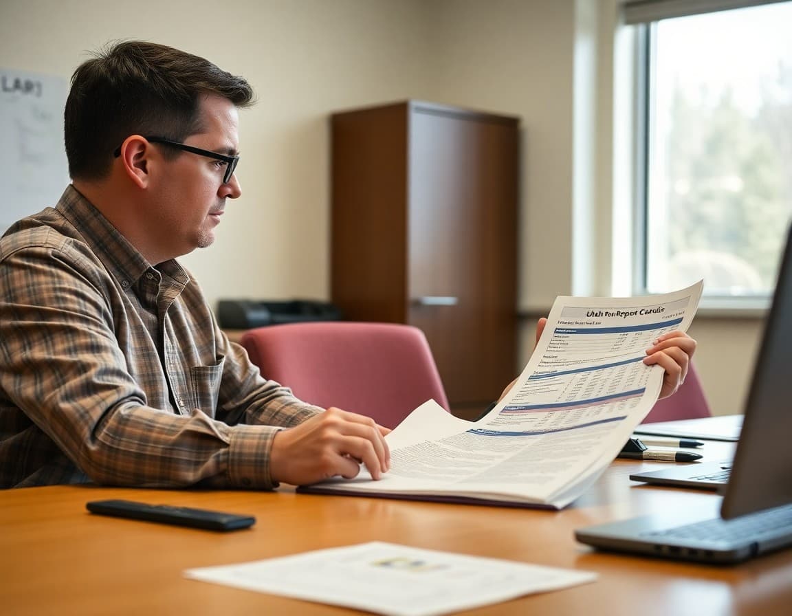 Utah district administrator reviewing board newsletter content with Utah School Report Card data at a conference desk
