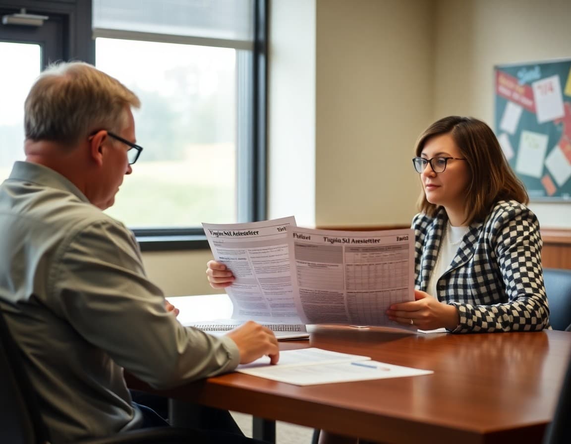 Virginia district administrator reviewing board newsletter content with Virginia SOL assessment data at a conference table