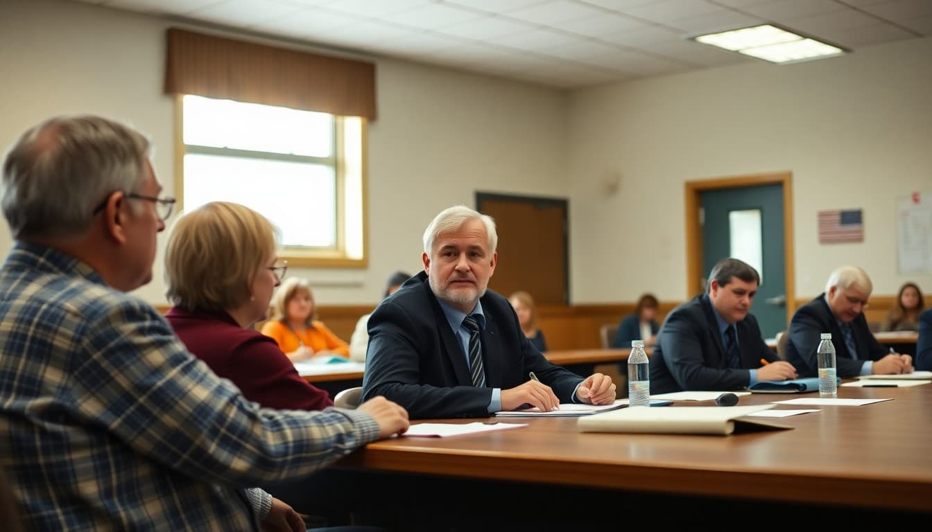 West Virginia school board members at a community governance meeting in a county school building