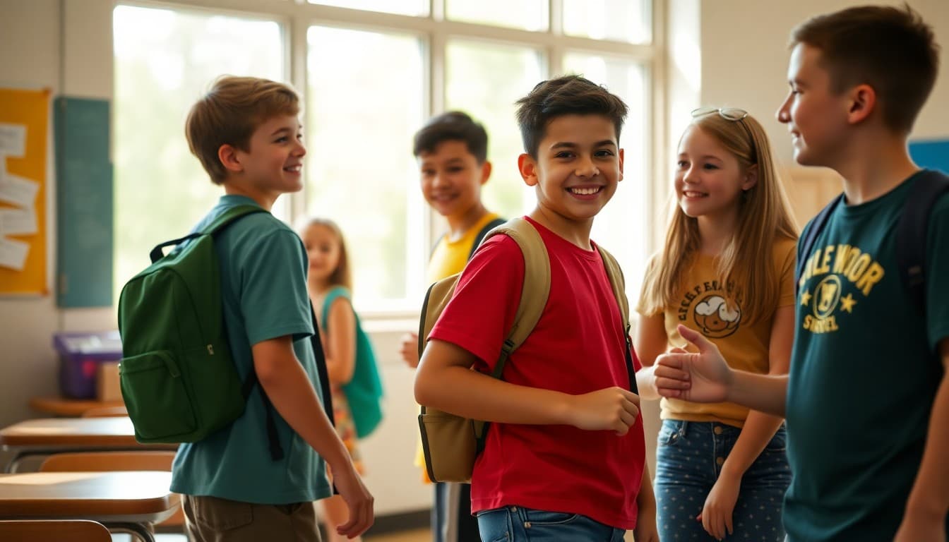 Students greeting each other on the first day of school in August