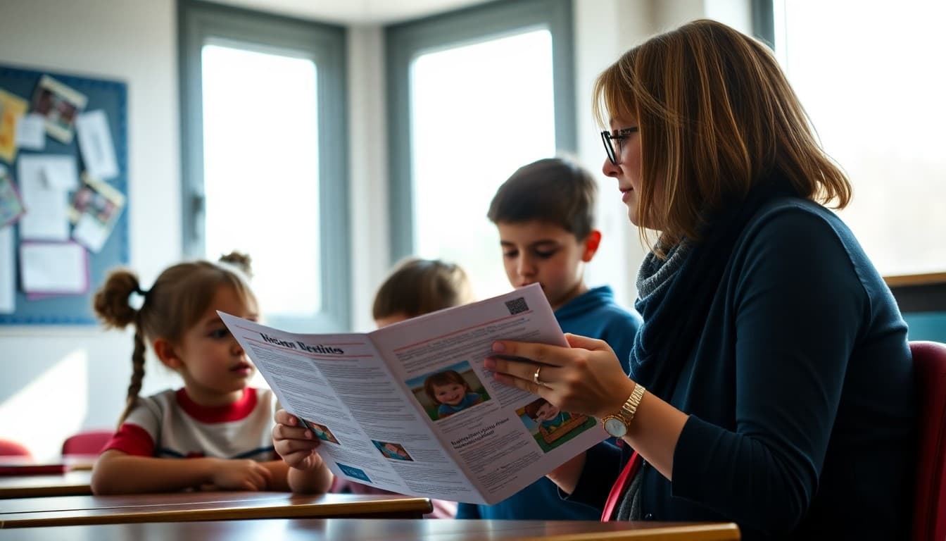 Elementary school counselor reading a newsletter with young students