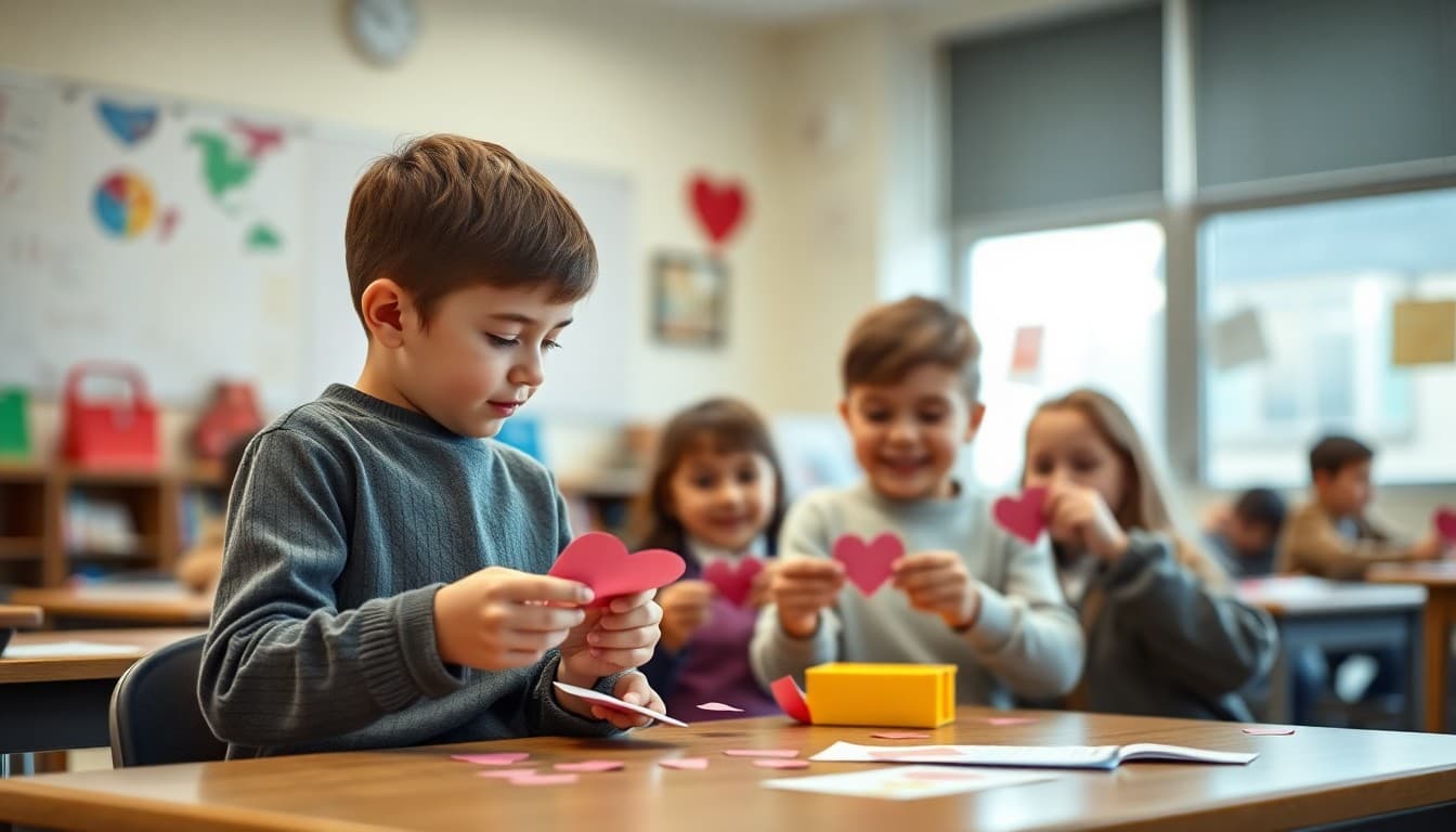Elementary students exchanging friendship valentines in a classroom