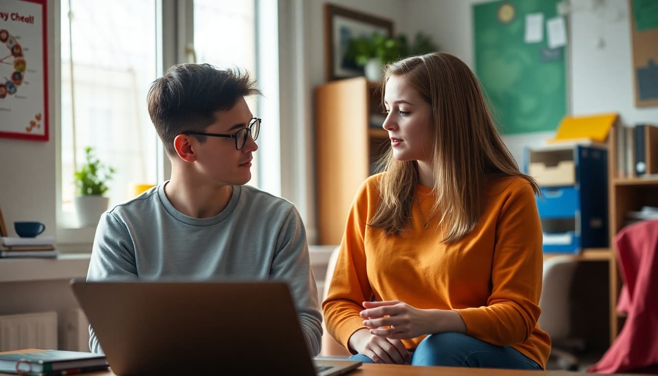 Parent and teenager having a calm conversation about online behavior at home