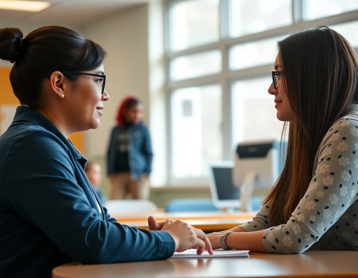 School counselor having a final check-in conversation with a student in May