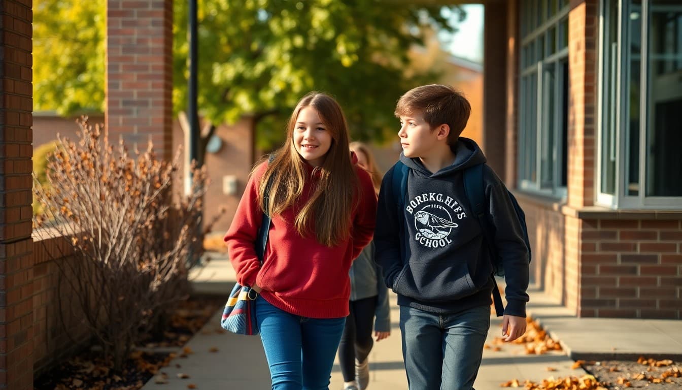 Two middle school students walking together outside on a fall day