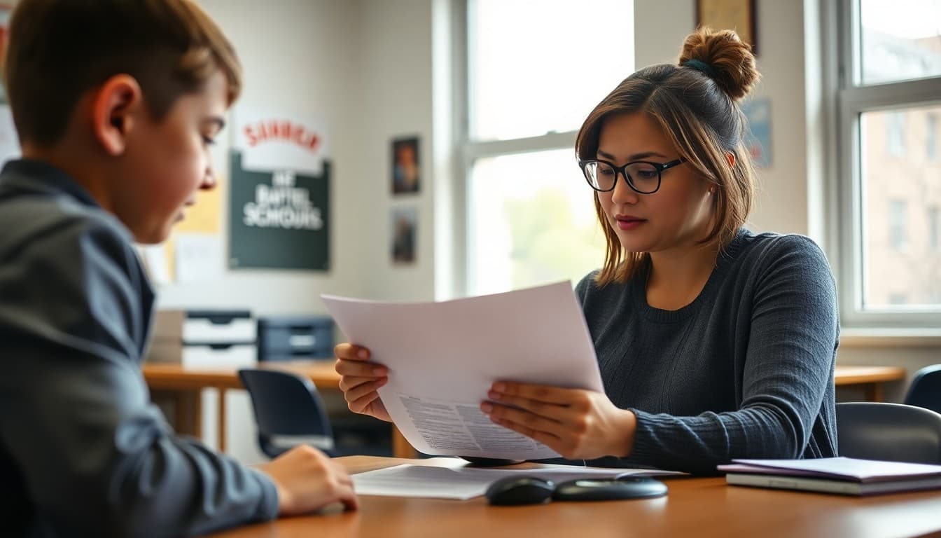 School social worker reviewing a newsletter draft at a desk in a school office