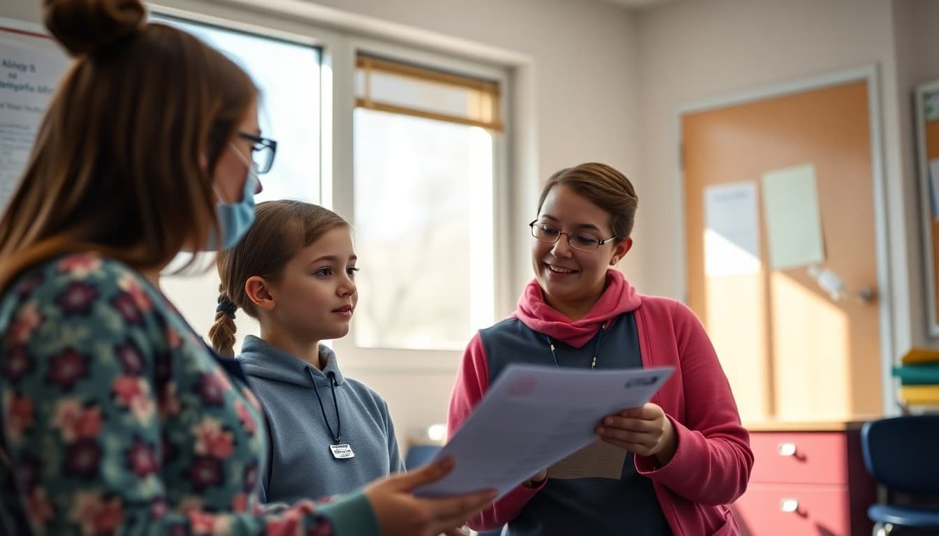 School nurse reviewing allergy action plans with a student in a bright health office in April