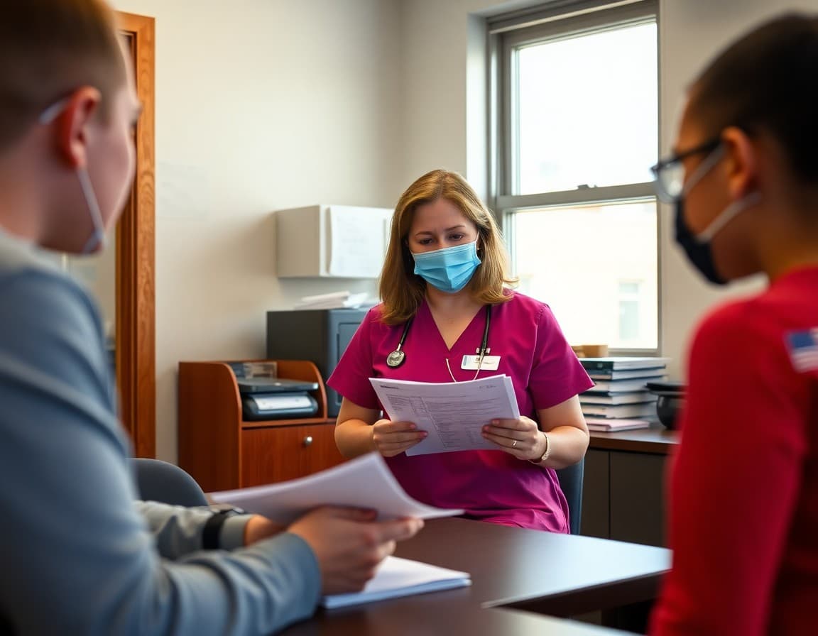 School nurse reviewing back-to-school health forms and immunization records in office