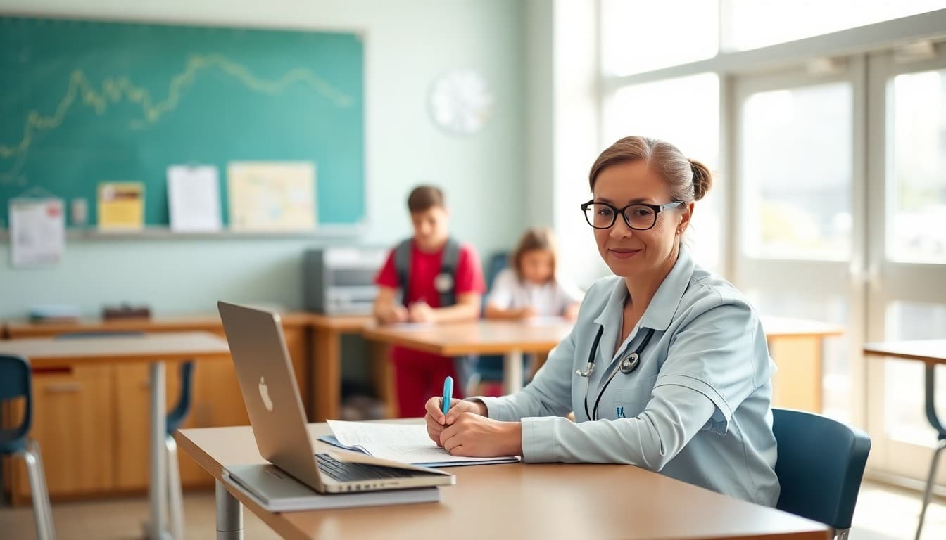 School nurse writing August back-to-school health newsletter at desk in clinic