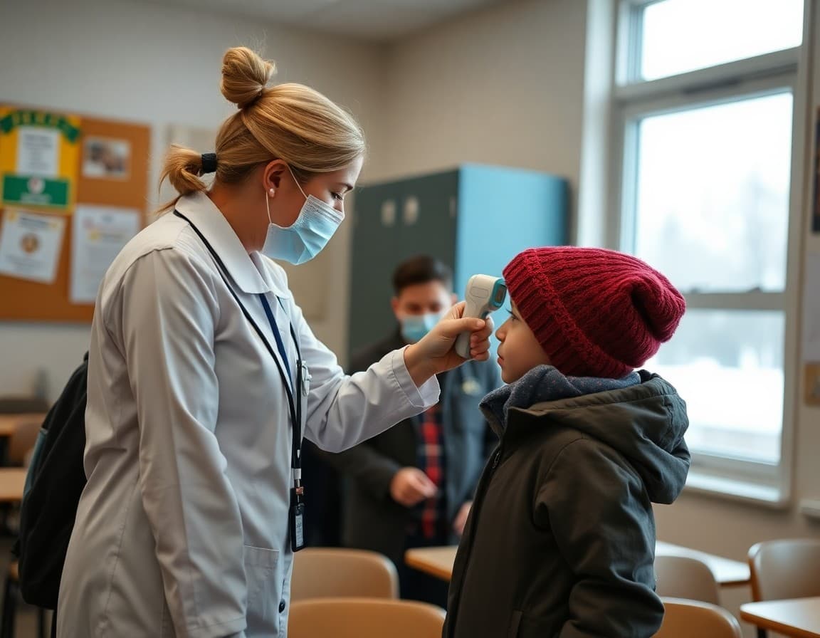 School nurse checking a student's temperature during the peak winter illness season in December