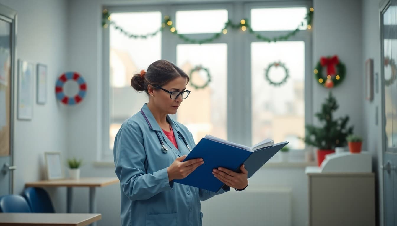 School nurse reviewing health charts in a bright clinic office decorated with simple winter decor