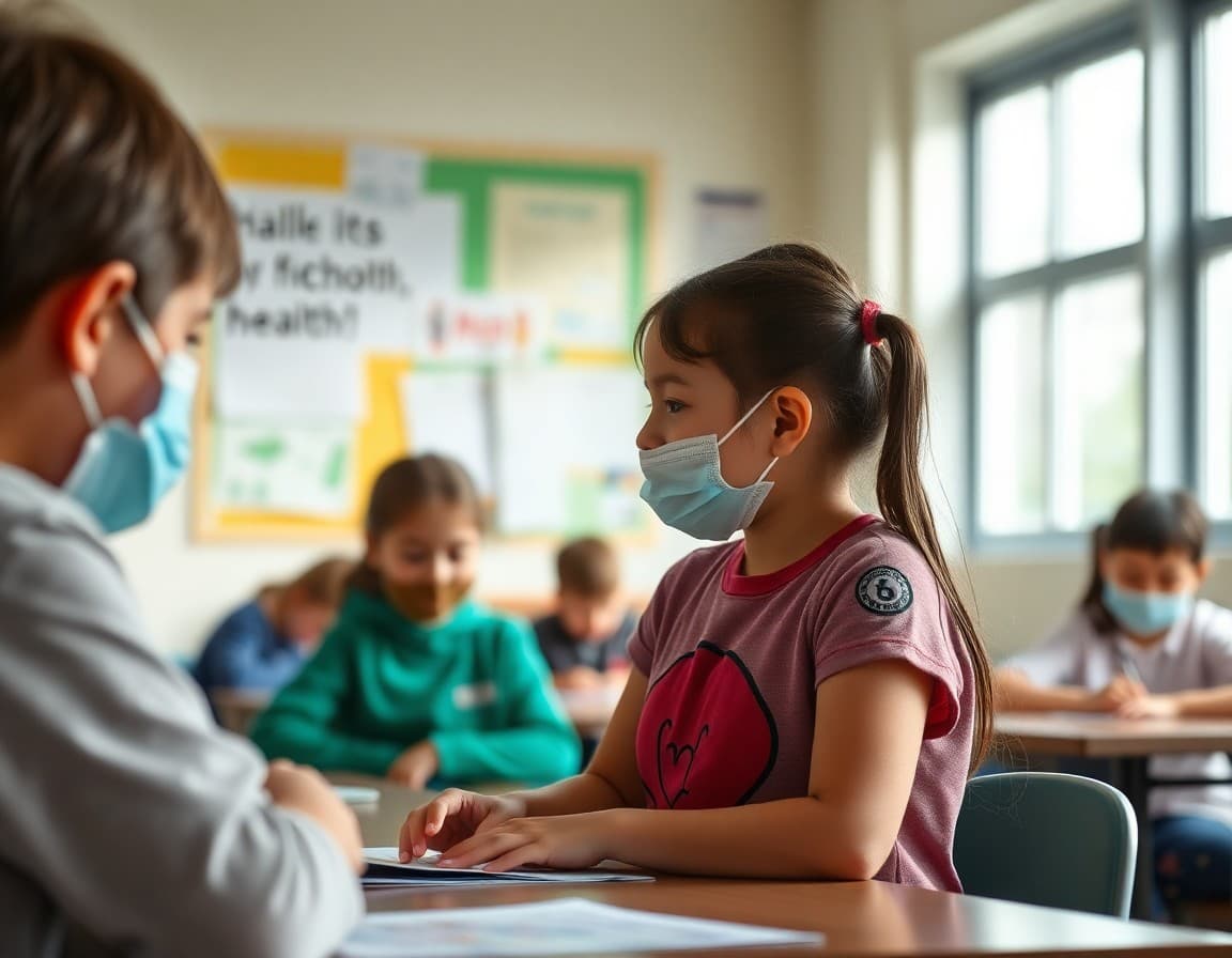 Elementary school health newsletter with hygiene tips, illness protocols, and family health resources