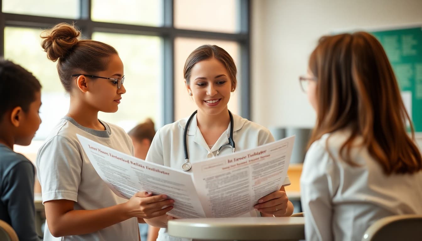 School nurse reviewing elementary health newsletter content at an elementary school clinic