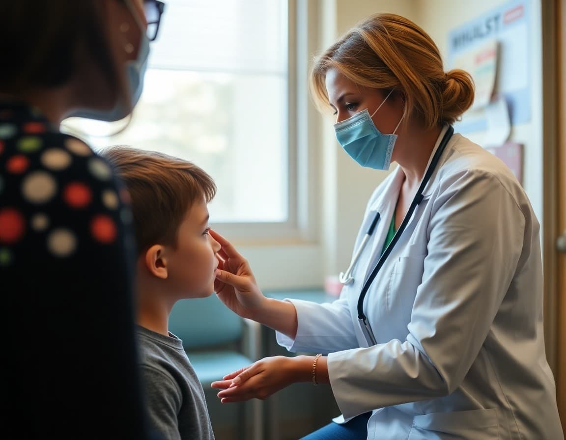 Student receiving a routine hearing and vision screening from a school nurse in a health office