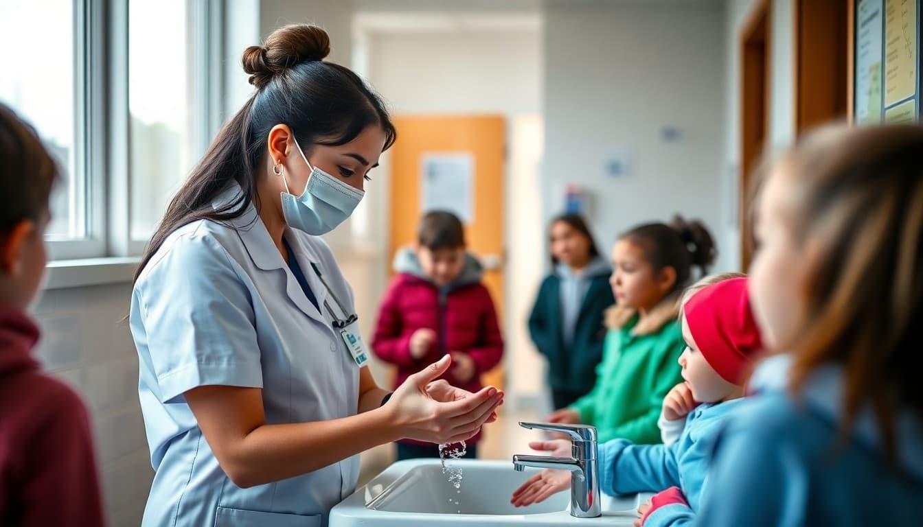 School nurse demonstrating proper handwashing technique to students in a clinic hallway in February