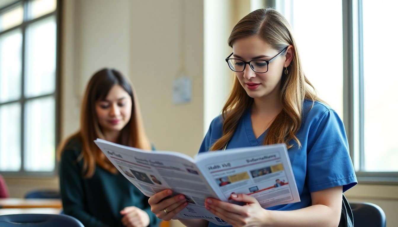 High school nurse reviewing health newsletter content for teen and family communication