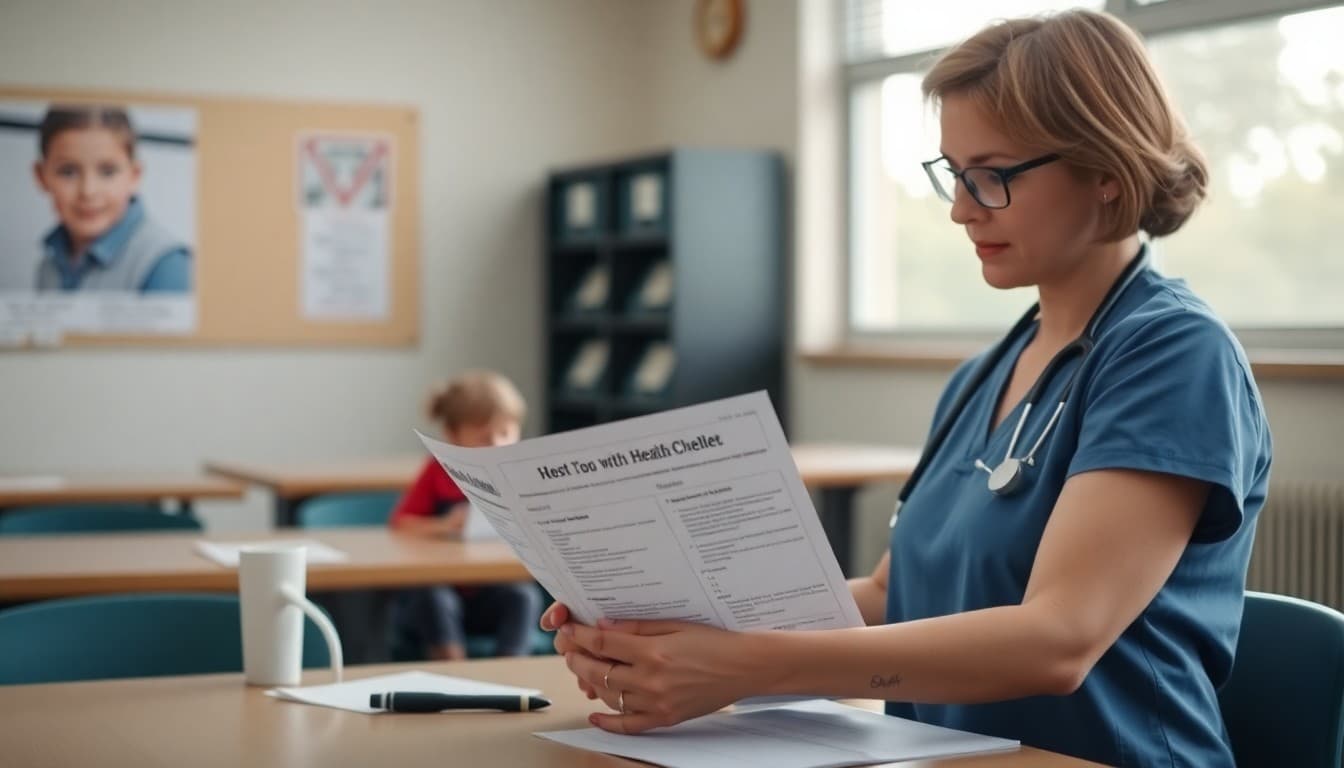 School nurse preparing a July back-to-school health newsletter with immunization checklist