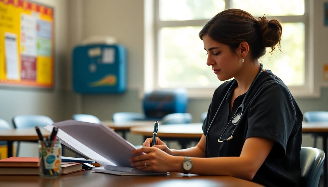 School nurse writing a June end-of-year health newsletter for families