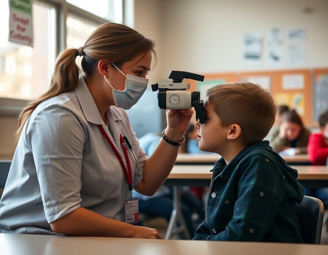 Student receiving a vision screening from a school nurse during a spring wellness check in March