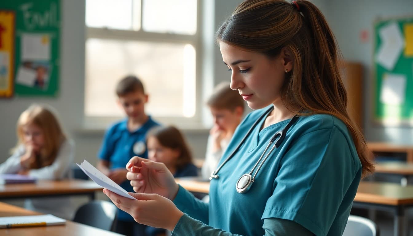School nurse reviewing allergy documentation for students as spring allergy season begins in March
