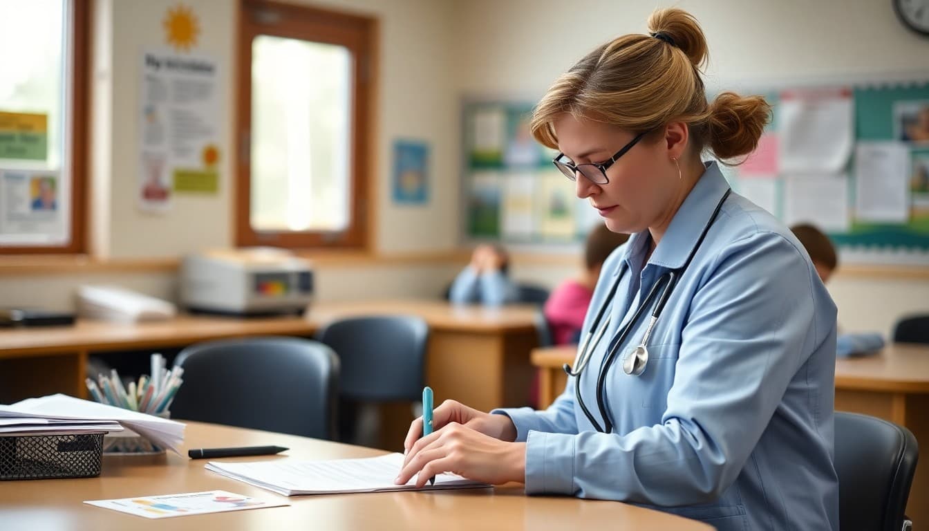 School nurse preparing May health newsletter at a clinic desk with spring health materials