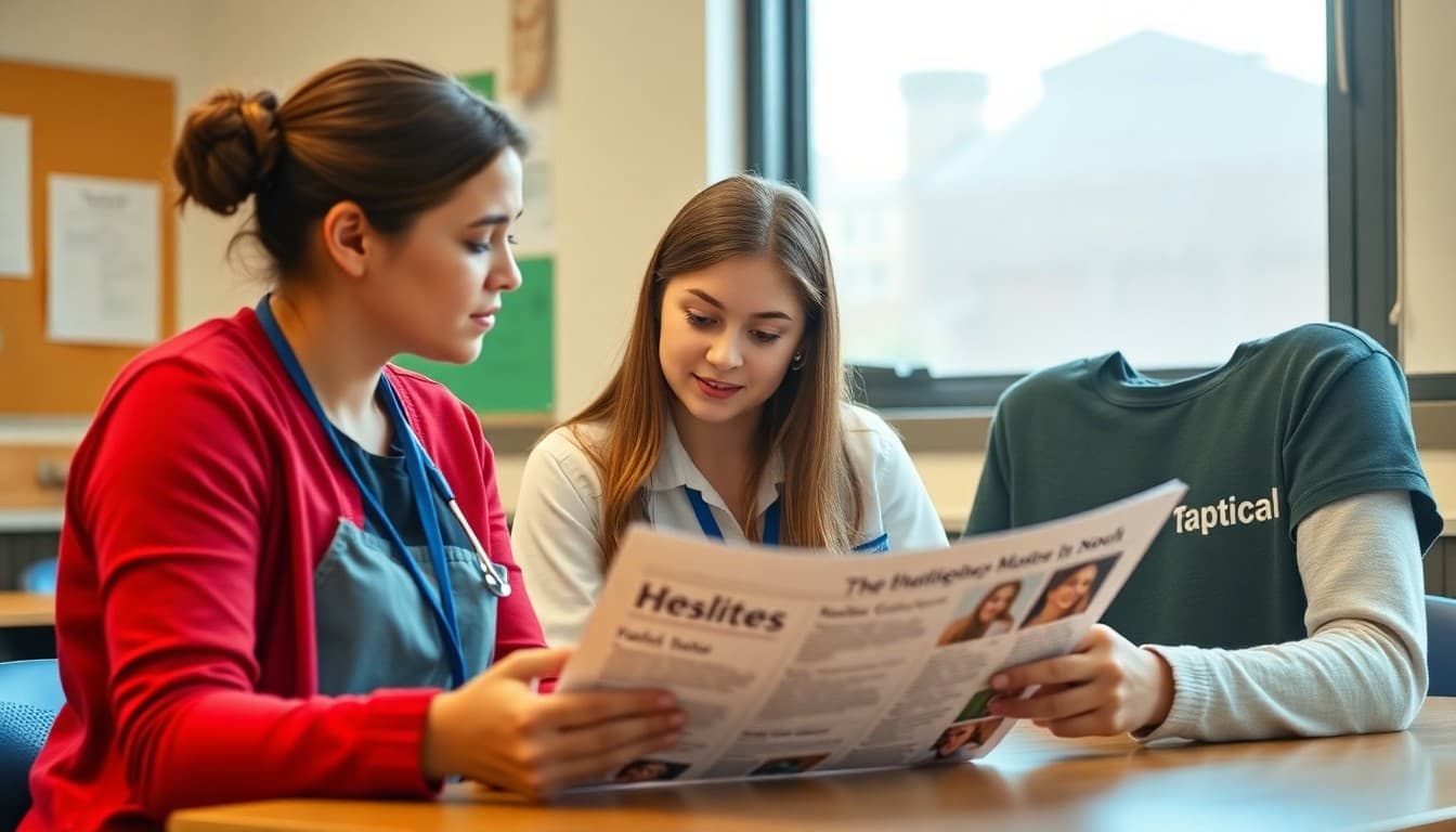 Middle school nurse reviewing health newsletter topics for adolescent families