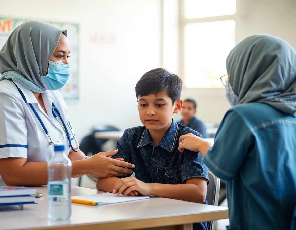 Close-up of a student receiving a routine health check from a school nurse at a clinic desk