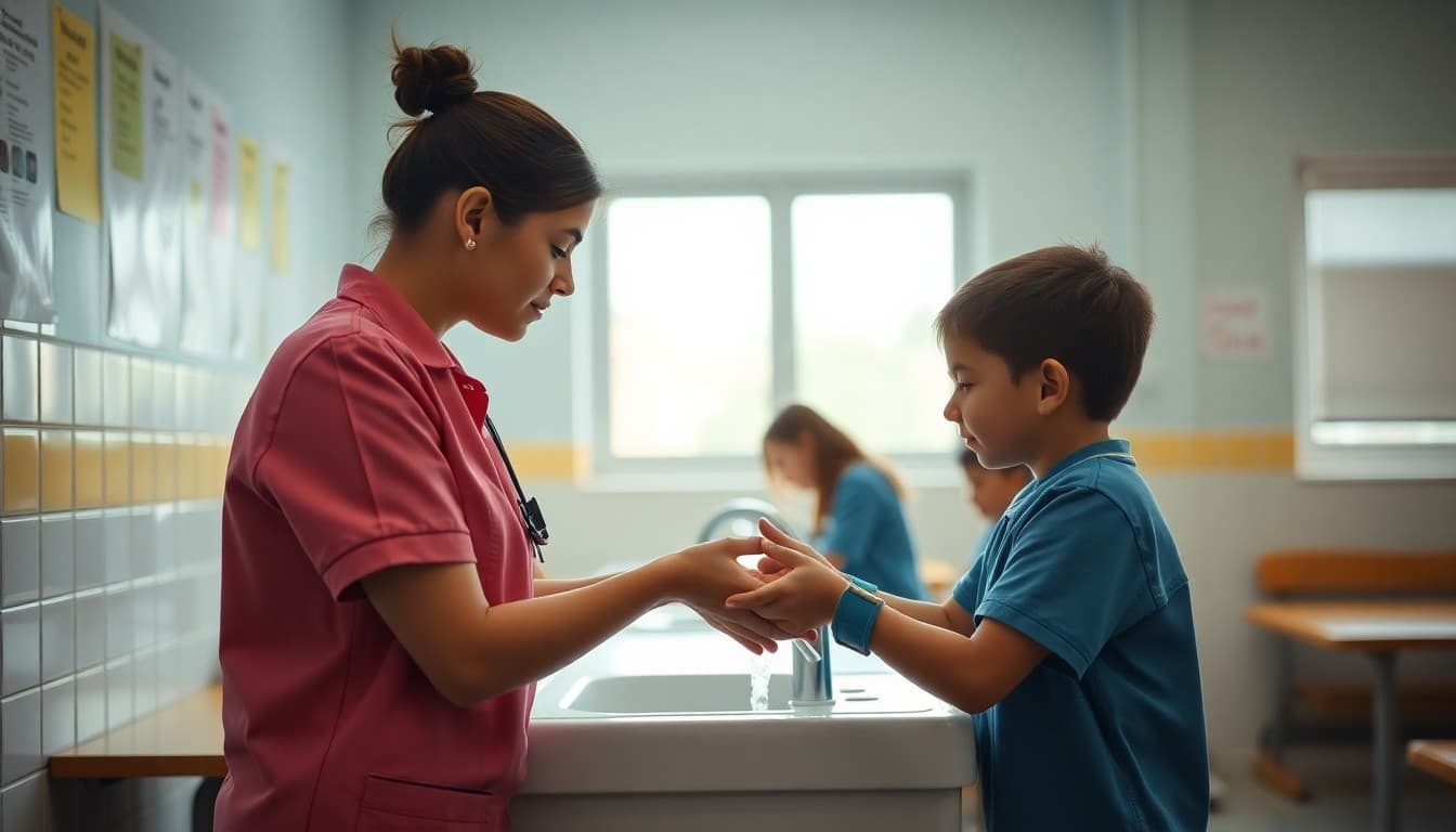 School nurse washing hands at a sink demonstrating proper hygiene technique to a student