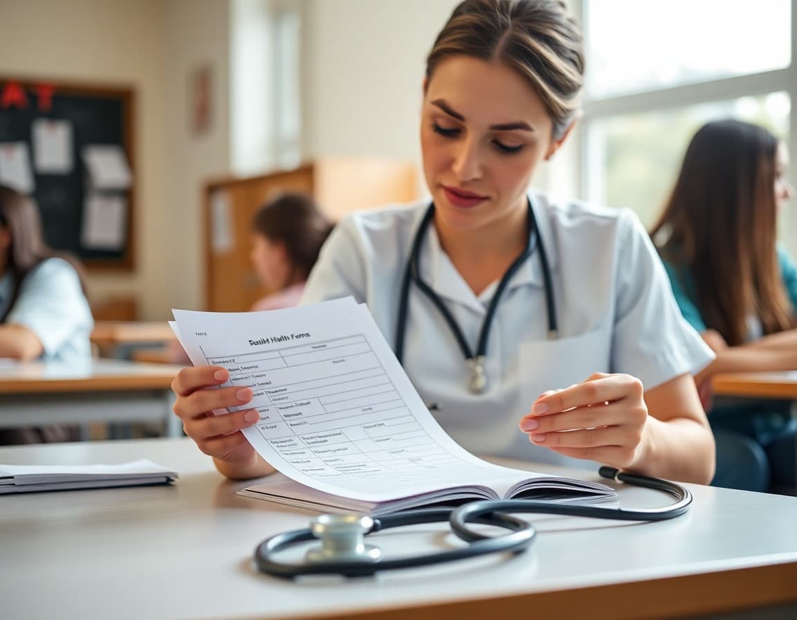 Close-up of a nurse reviewing a student health form with a stethoscope on the desk beside her
