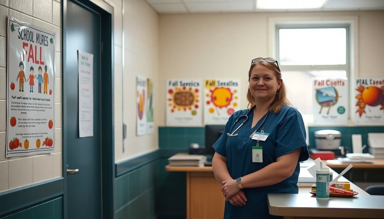 School nurse standing at a health office counter with fall health awareness posters on the wall