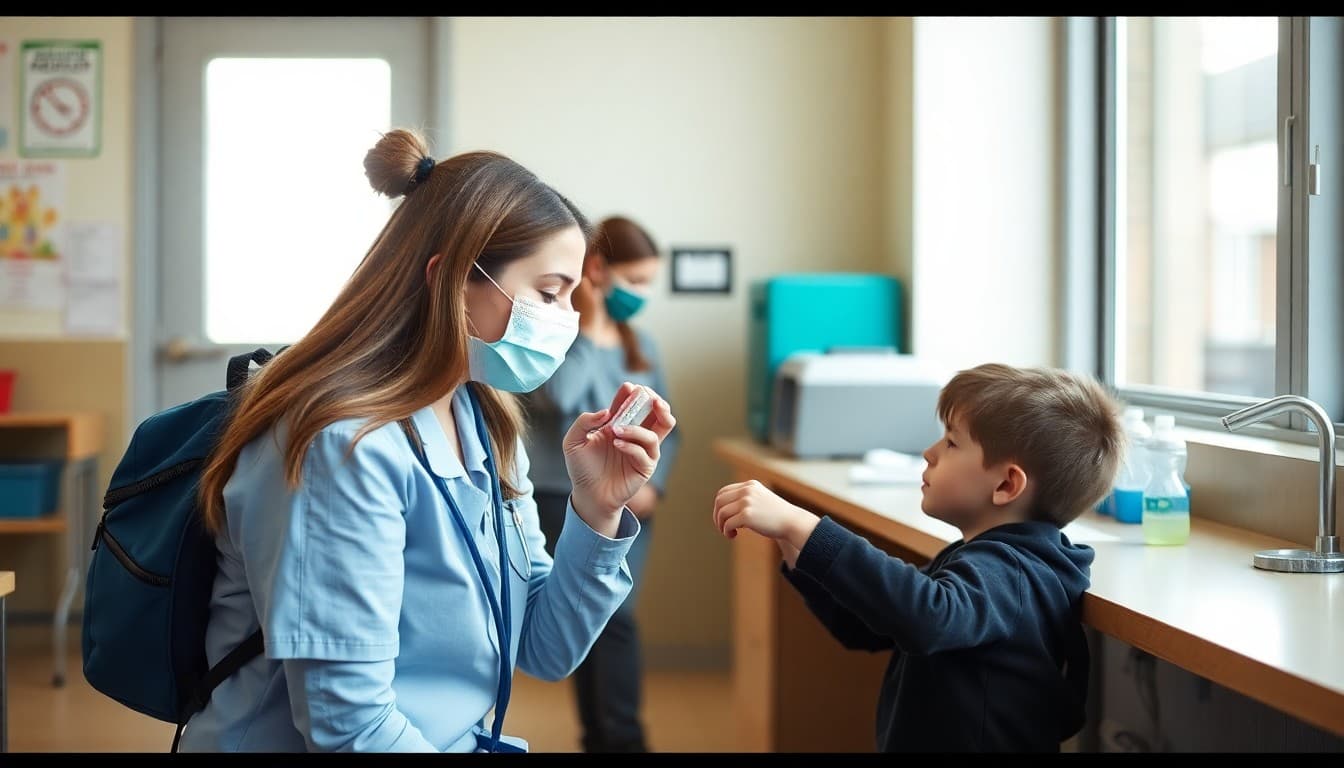 School nurse administering ADHD medication to a student during the school day at the health office