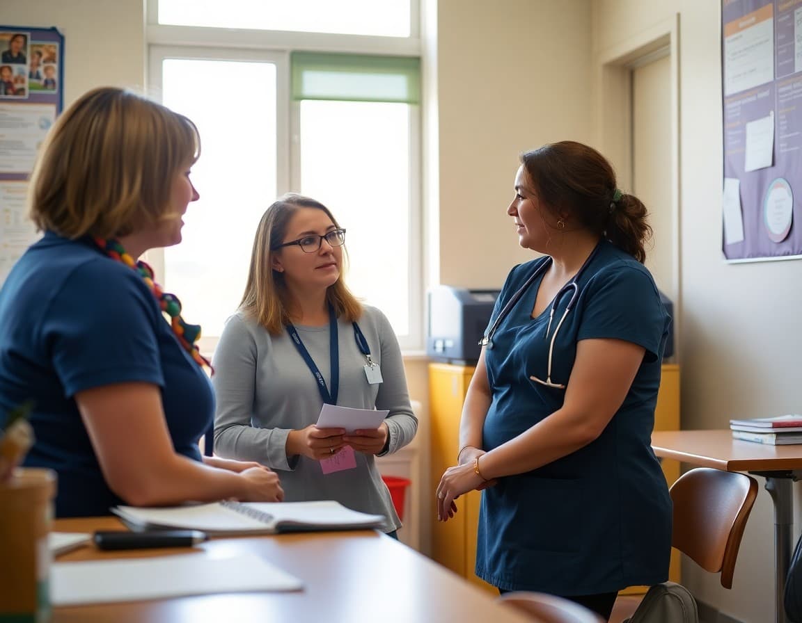 School counselor and nurse discussing a student mental health referral plan in a school office