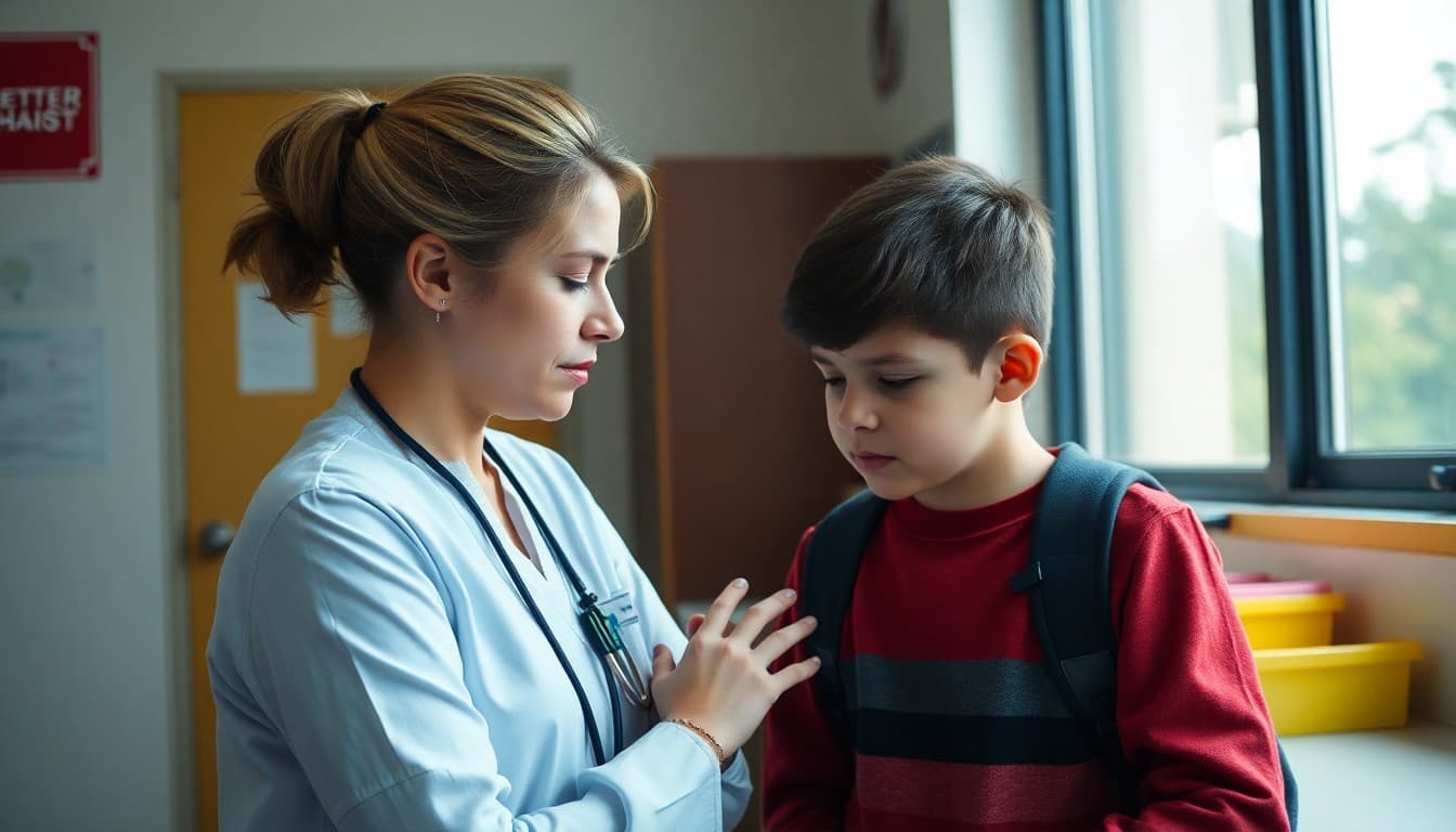 School nurse working with an anxious student experiencing physical symptoms in the health office