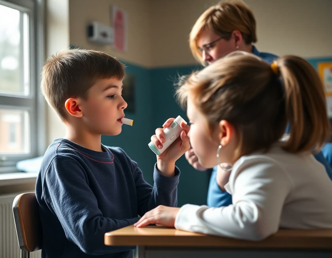 Student using rescue inhaler with supervision from school nurse during an asthma episode at school