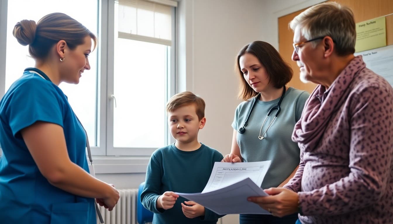 School nurse reviewing an asthma action plan with a student and parent in the nurse office