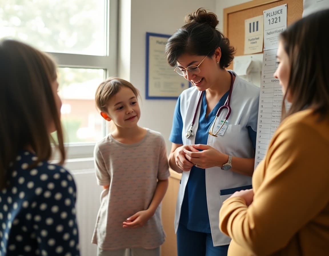 School nurse reviewing growth chart data with a student and family in a private health office setting