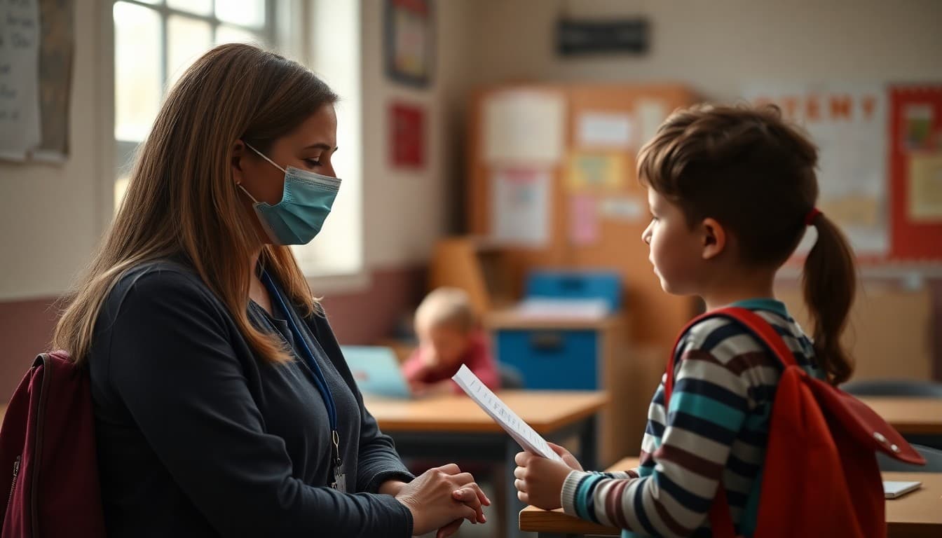 School nurse communicating BMI screening results privately and sensitively with a parent after school