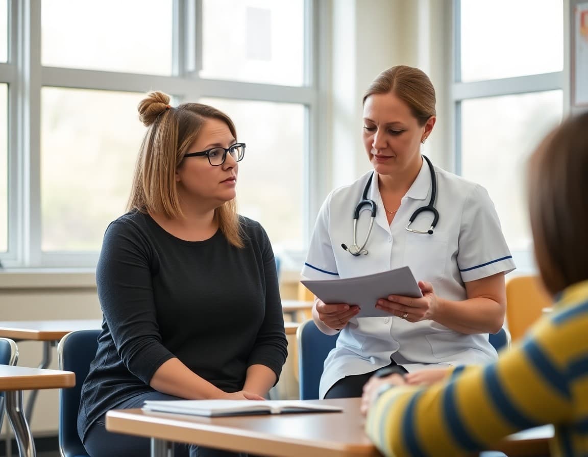 School counselor and nurse meeting to review mental health support plan for a struggling student