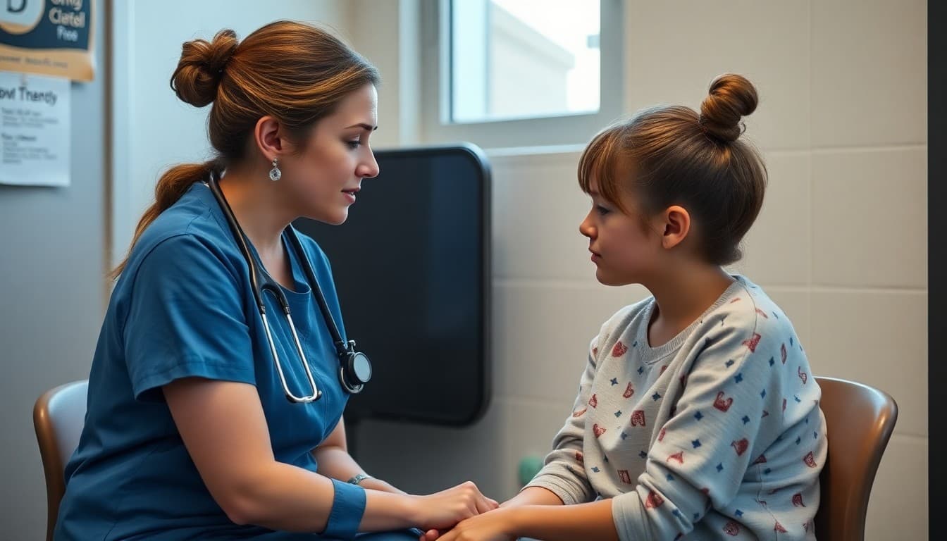 School nurse counseling a student showing signs of depression during a private health office visit