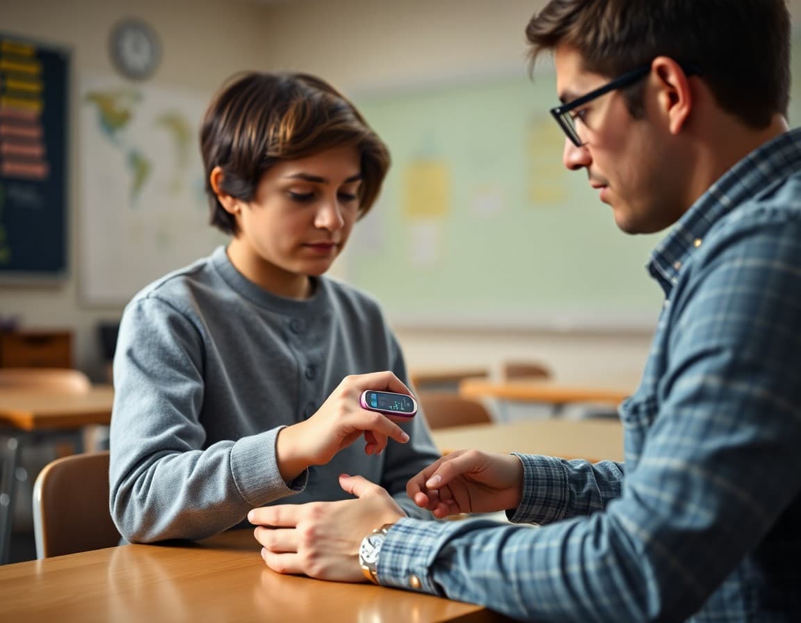 Student using continuous glucose monitor device in classroom while teacher supervises nearby