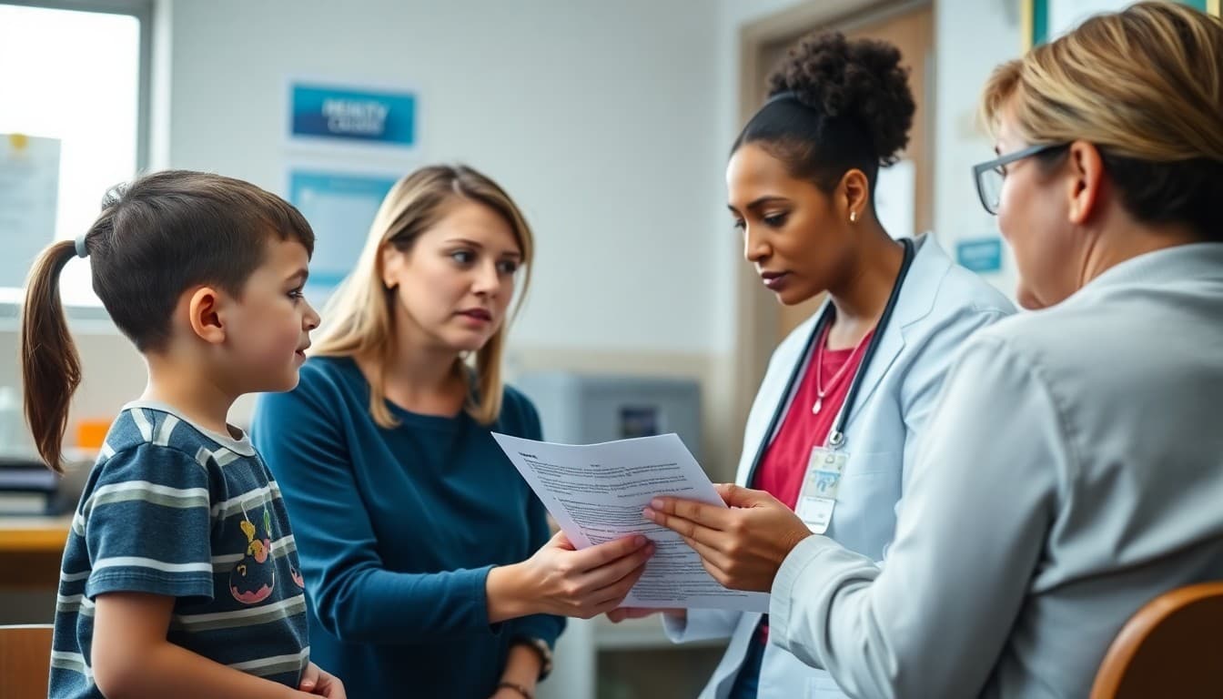 School nurse reviewing eczema skin care management plan with a student and parent in health office